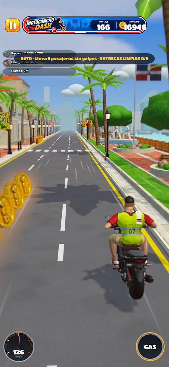 El motoconcho recoge monedas junto al Malecón en el modo Dash.