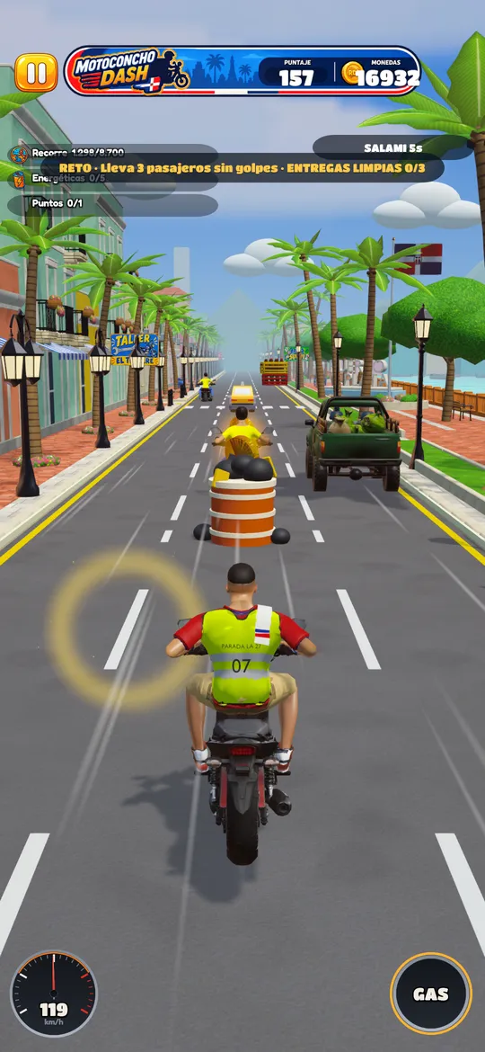 Partida del modo Dash: el motoconcho esquiva el tráfico frente al colmado.