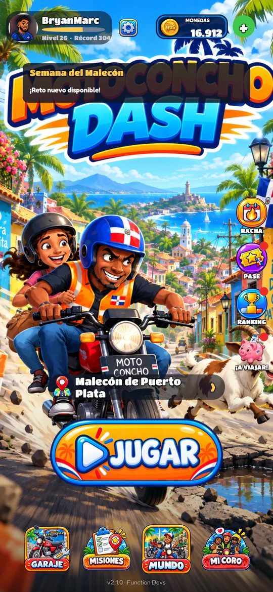 El menú principal de Motoconcho Dash con el botón JUGAR.