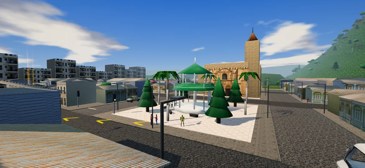 El parque central de Puerto Plata con la glorieta, la catedral y la loma.