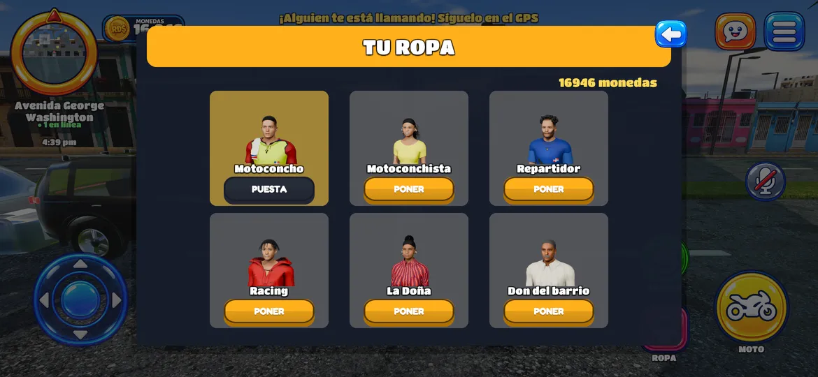 El panel de ropa del mundo abierto con los seis personajes.