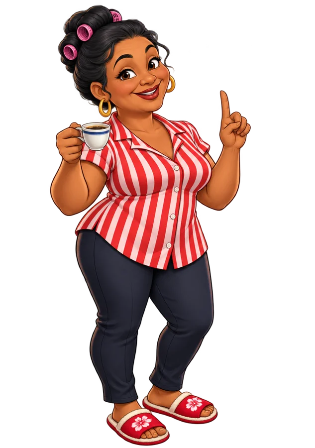 La Doña del barrio, con rolos y un cafecito, explicando con el dedo en alto.