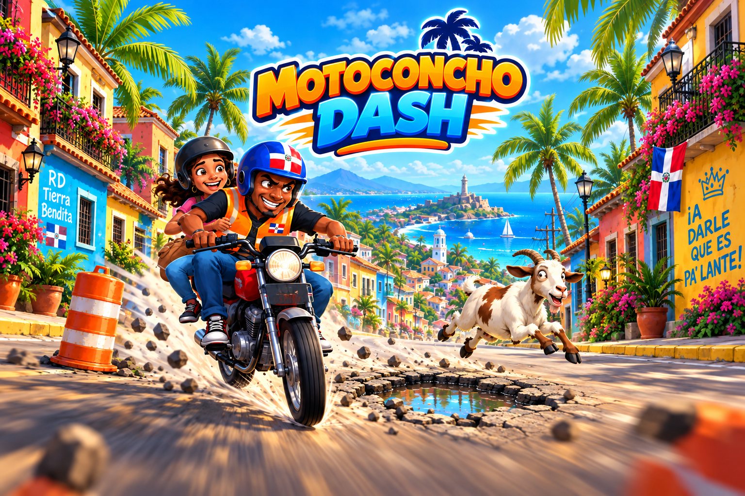 Ilustración de Motoconcho Dash: un motoconchista dominicano con su pasajera esquiva un hoyo y una cabra en una calle colonial frente al mar, bajo el logo del juego.