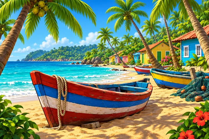 Playa de Las Terrenas con yolas de colores.