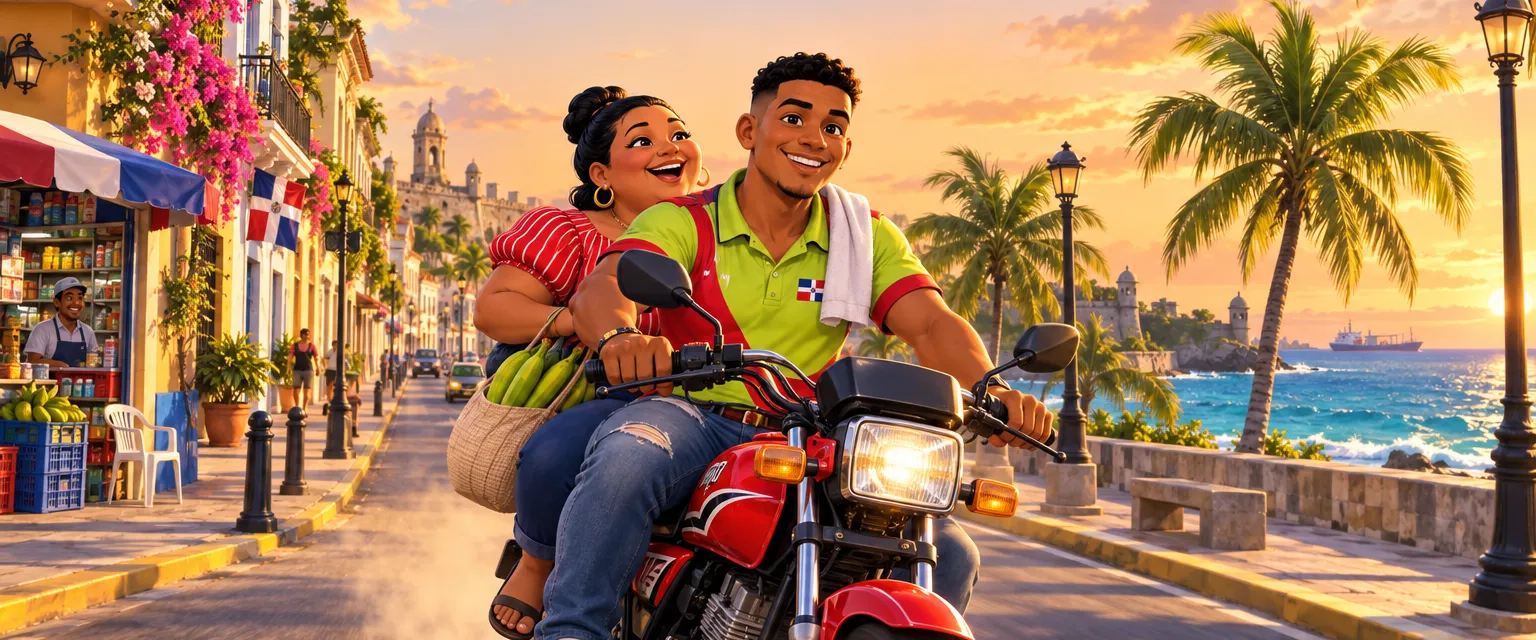 Arte de Motoconcho Dash: un motoconchista y una doña en moto por el Malecón de Santo Domingo al atardecer.