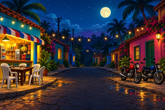Barrio dominicano de noche con su colmado